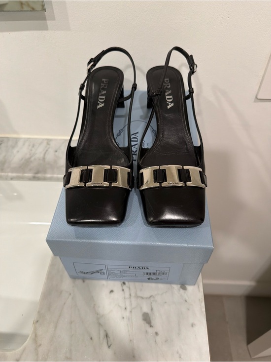 Prada Shoes - Prada Black Leather Slingback Heels with Silver Buckle Accent